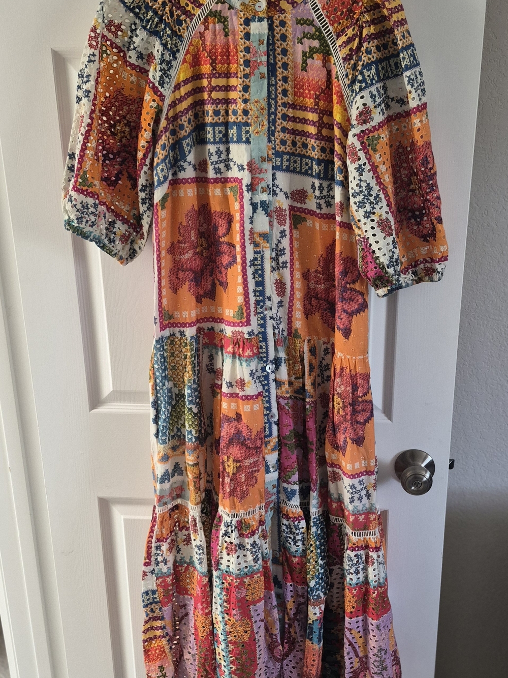 Farm Rio Patchwork Maxi Dress in Orange & Pink